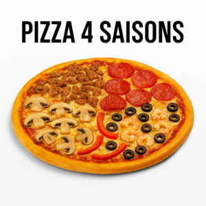 Pizza 4 Saisons garnie de sauce tomate, jambon, dinde, champignons, fromage fondant et olives. Une pizza variée et équilibrée.