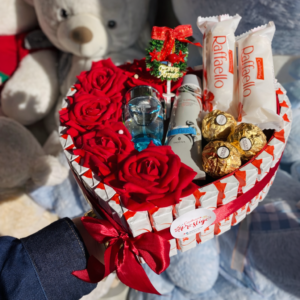 Coffret Cadeau Amour – Roses Rouges, Parfum & Chocolats Raffaello