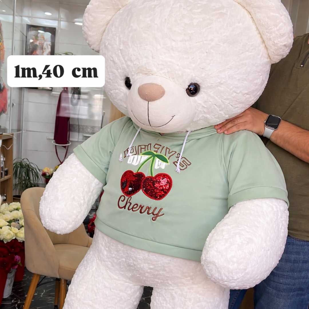 🧸🤍 Ourson Géant Blanc 1m40 – Peluche XXL Ultra Douce avec T-shirt Cherry