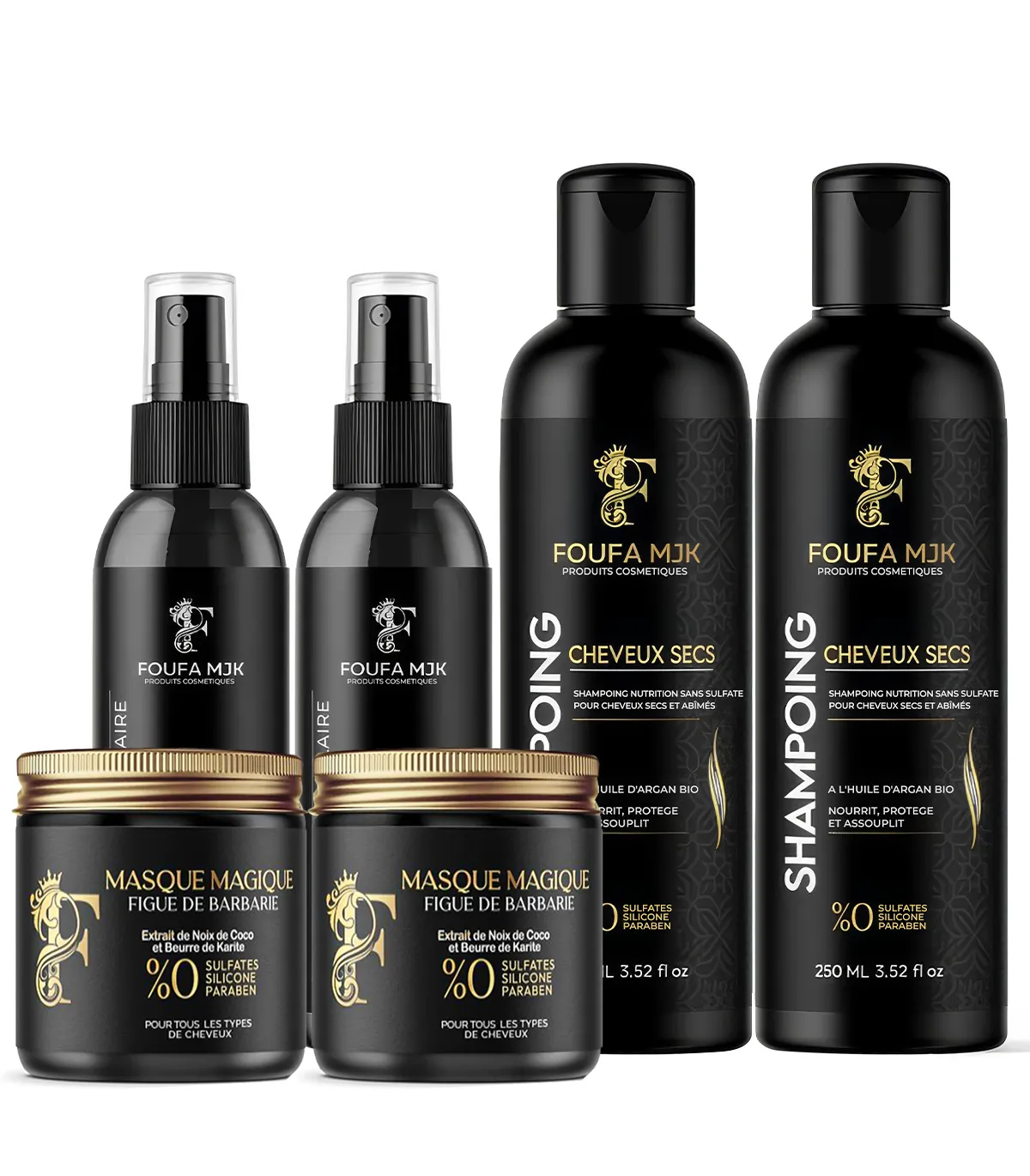 Pack Famille FOUFA MJK – Routine Capillaire Complète (2 Huiles 100ml + 2 Shampooings + 2 Masques)