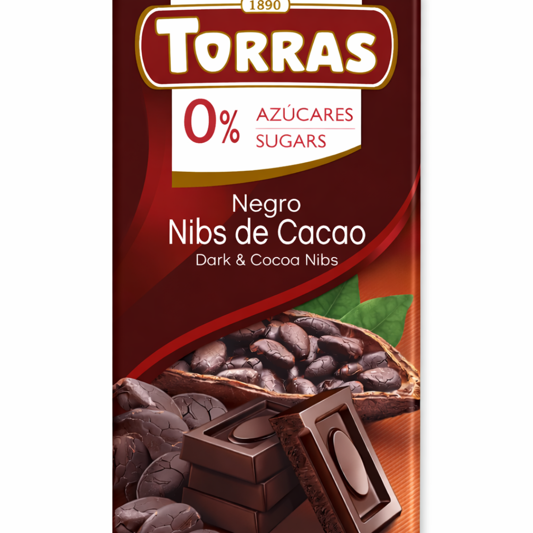 Torras Chocolat Noir aux Éclats de Cacao 0% Sucres Ajoutés – Vegan & Sans Gluten