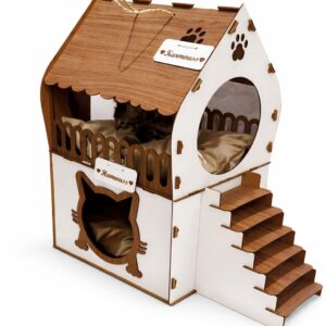 Maison pour Chat en Bois Premium – Niche 2 Étages avec Escalier – Modèle CozyCat by SmartShop