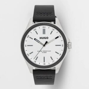 Montre Homme HUGO Élégante – Cadran Blanc & Bracelet Noir en Cuir