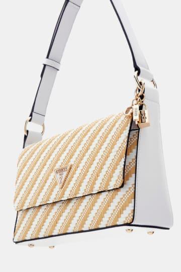 Sac à main GUESS élégant tressé beige et blanc – Style chic et luxe pour femme - Image 3
